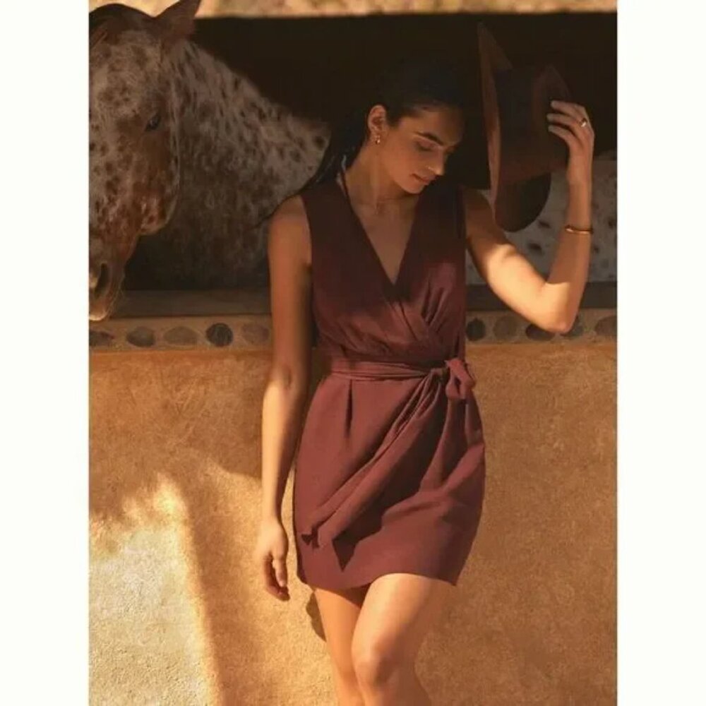 Anthropologie Linen Wrap Mini Dress - Size: Medium - Color: Brown